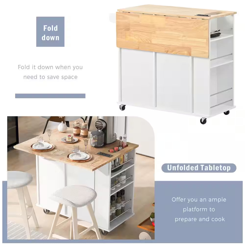 White Rubberwood Tabletop Drop Leaf 39.8 In. Kitchen Island Cart with Power Outlet Open Storage and Wine Rack