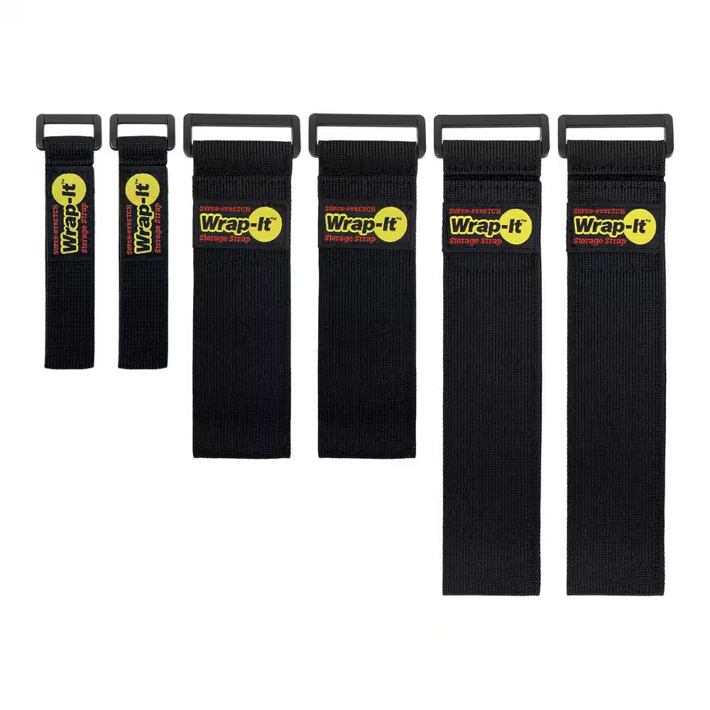 Super-Stretch Storage Strap Elastic All-Purpose Hook and Loop Cinch Strap in Black (Assorted 6-Pack)