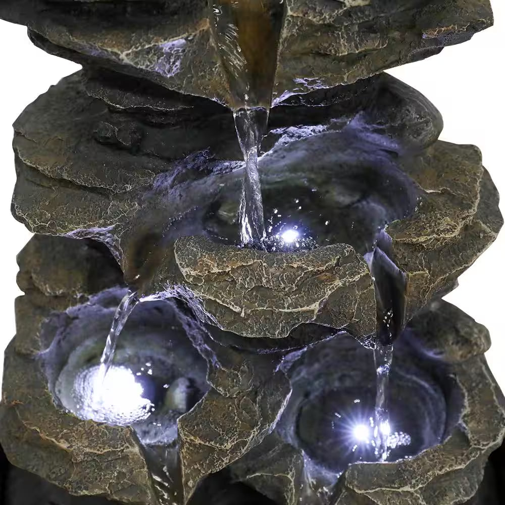 Resin Tabletop Fountain - 11.4 In. 4-Tiered Resin-Rock Fountain Indoor with LED Lights for House, Home, Office Decor