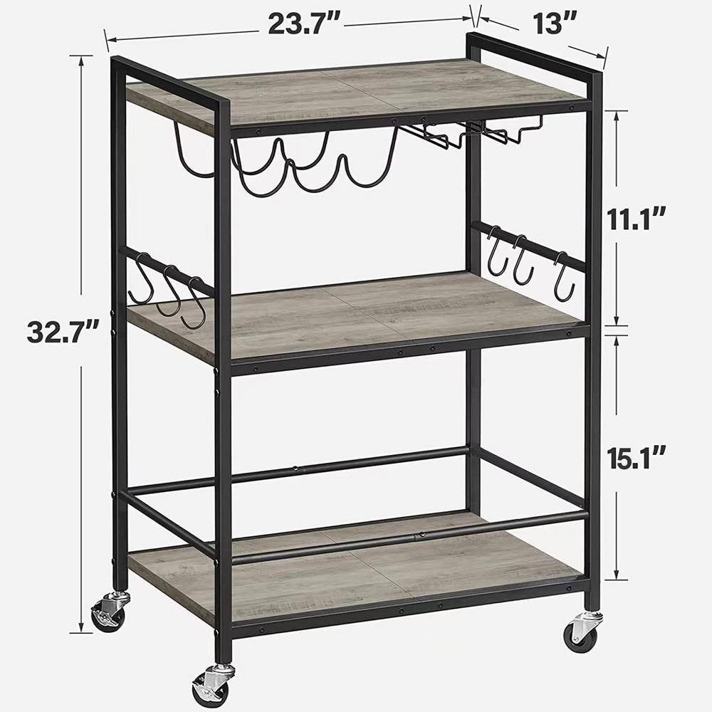 3-Tier Greige Metal Serving Cart with Wood Shelf, Hooks, Wine Rack and Glass Holder