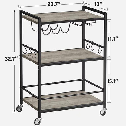 3-Tier Greige Metal Serving Cart with Wood Shelf, Hooks, Wine Rack and Glass Holder