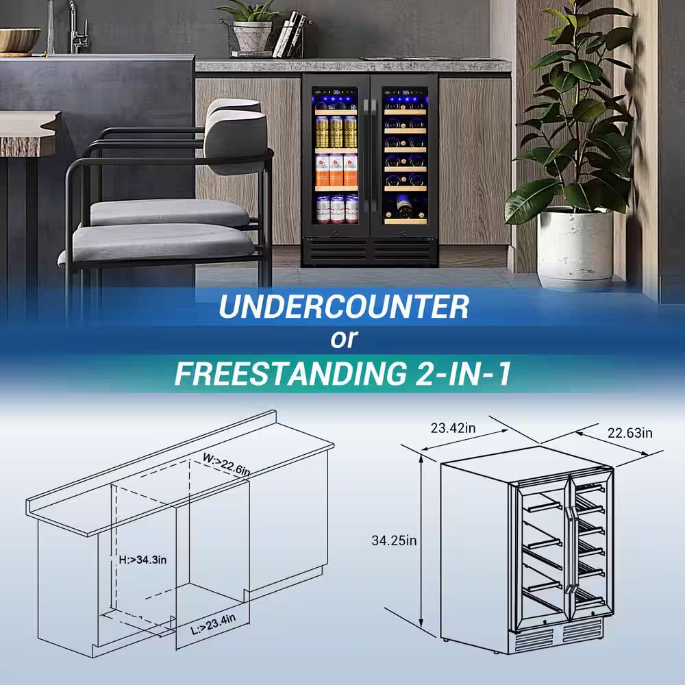 23.42 In. Dual Zone 18-Wine Bottles and 68-Cans Beverage and Wine Cooler in Black