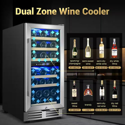 15" Dual Zone 30-Bottle Cellar Cooling Unit Built-In and Freestanding Wine Cooler in Blue LED 2 Handles Stainless Steel