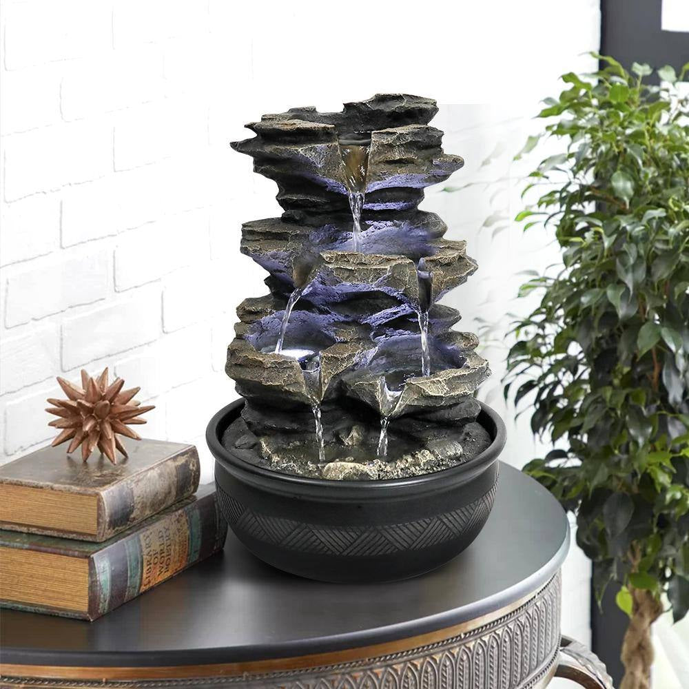 Resin Tabletop Fountain - 11.4 In. 4-Tiered Resin-Rock Fountain Indoor with LED Lights for House, Home, Office Decor