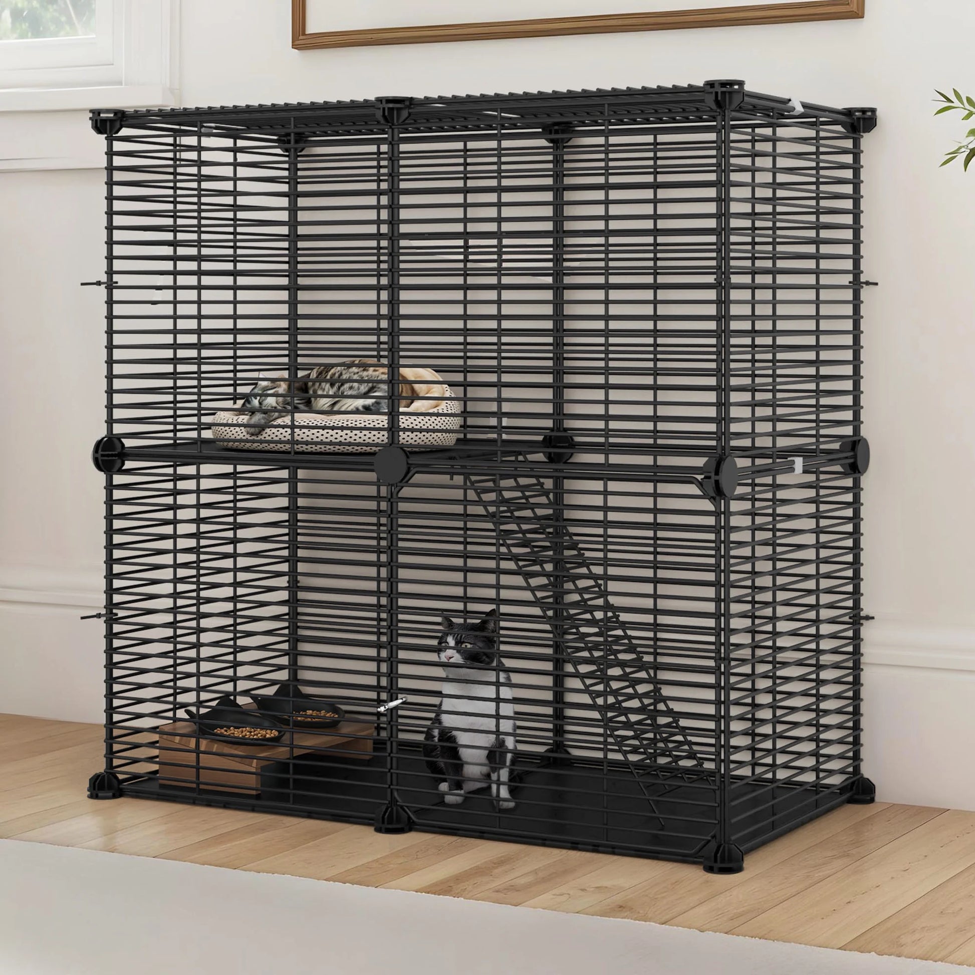 2 Tier Indoor Cat Cage,28" Cat Enclosure DIY Cat Playpen for 1-2 Cats,28"L X 14"W X 28"H,Black