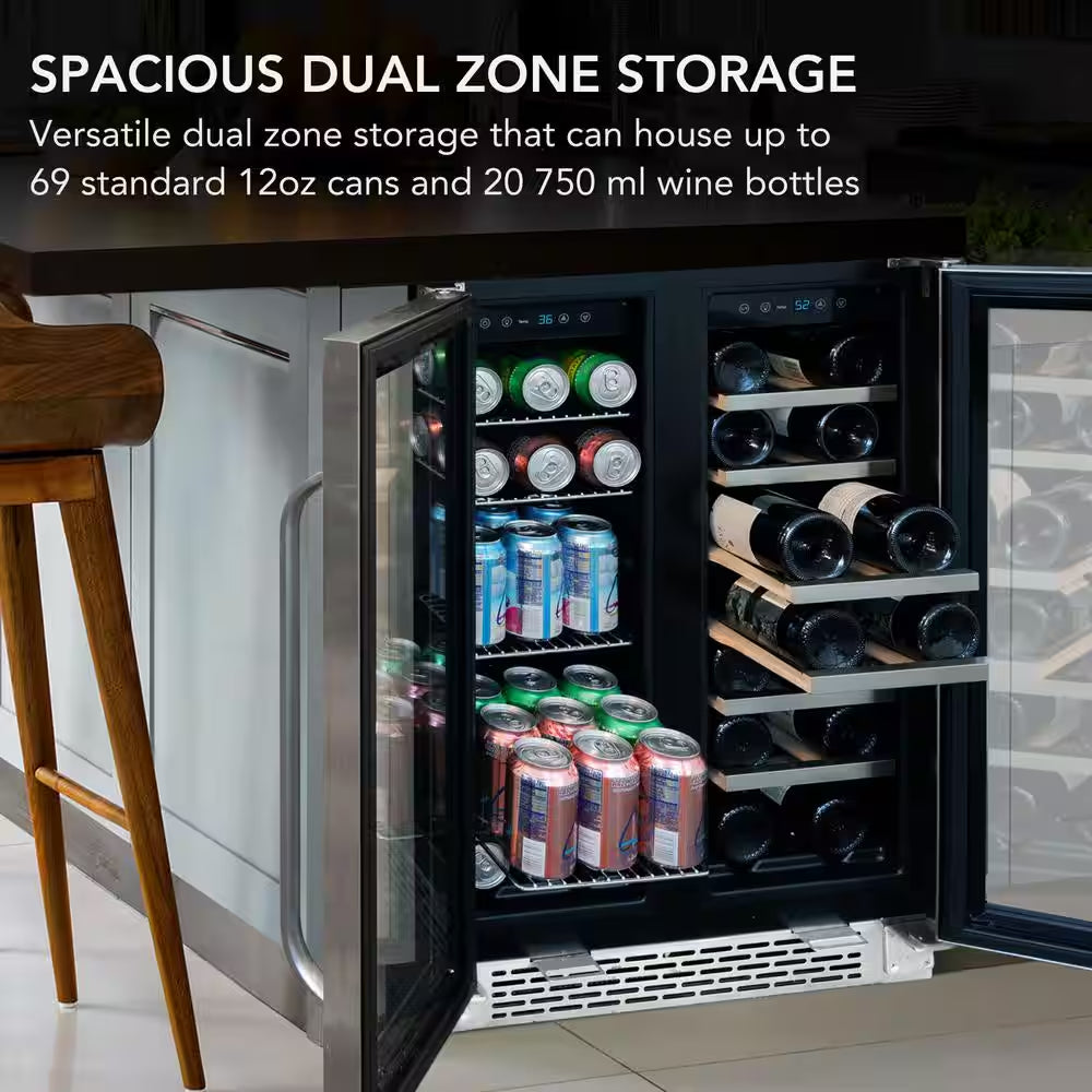 24 In. Dual Zone under Counter Wine and Beverage Cooler Fridge French Doors with Lock, Stainless Steel UV Protection