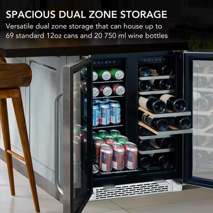24 In. Dual Zone under Counter Wine and Beverage Cooler Fridge French Doors with Lock, Stainless Steel UV Protection