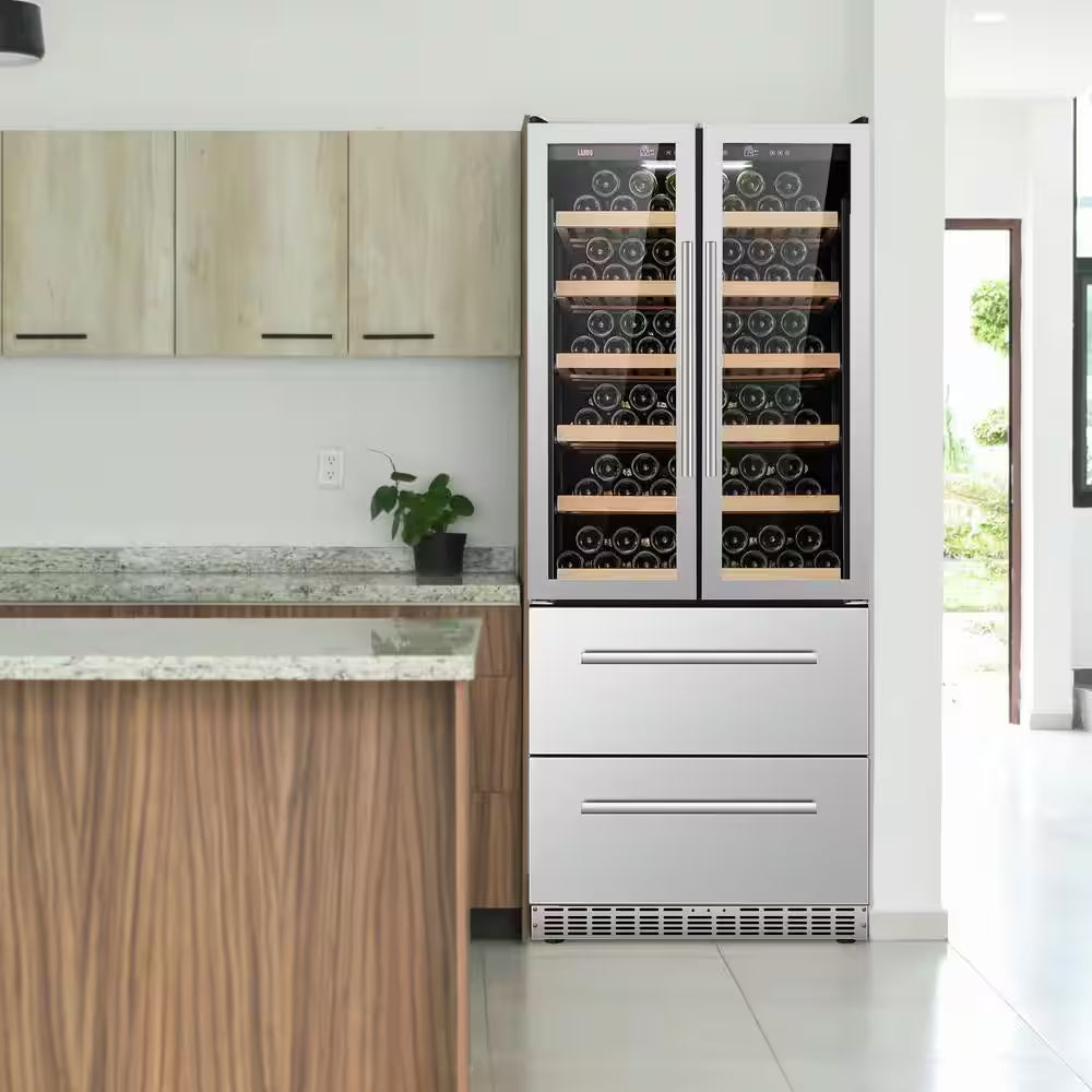 32 In. Dual Zone 168-Wine Bottles and 300-Cans Double French Doors Beverage and Wine Cooler in Seamless Stainless Steel