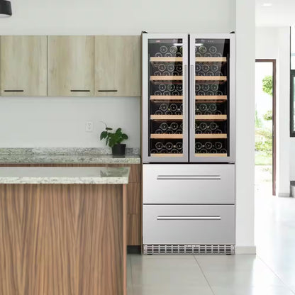 32 In. Dual Zone 168-Wine Bottles and 300-Cans Double French Doors Beverage and Wine Cooler in Seamless Stainless Steel