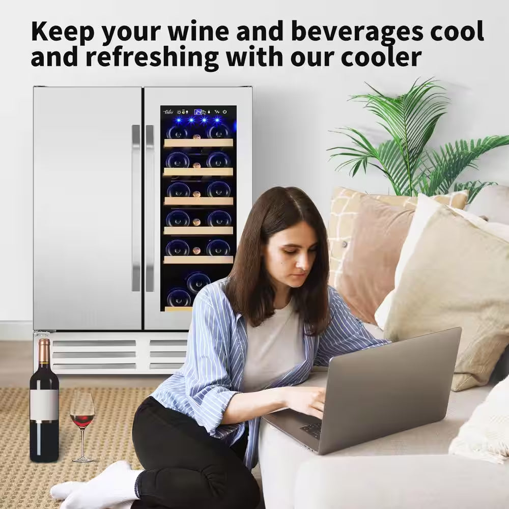 24 In.Dual Zone 20-Wine Bottles and 88-Can Built-In and Freestanding with French Door Beverage Cooler in Stainless Steel
