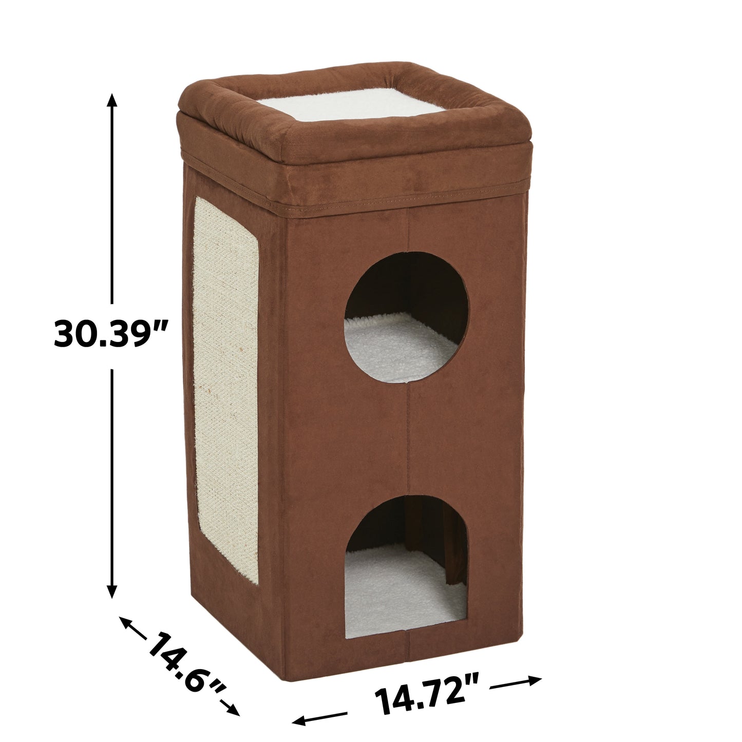 , Two Story Curious Cat Condo with Scratching Panel and Two Hideaways, Brown