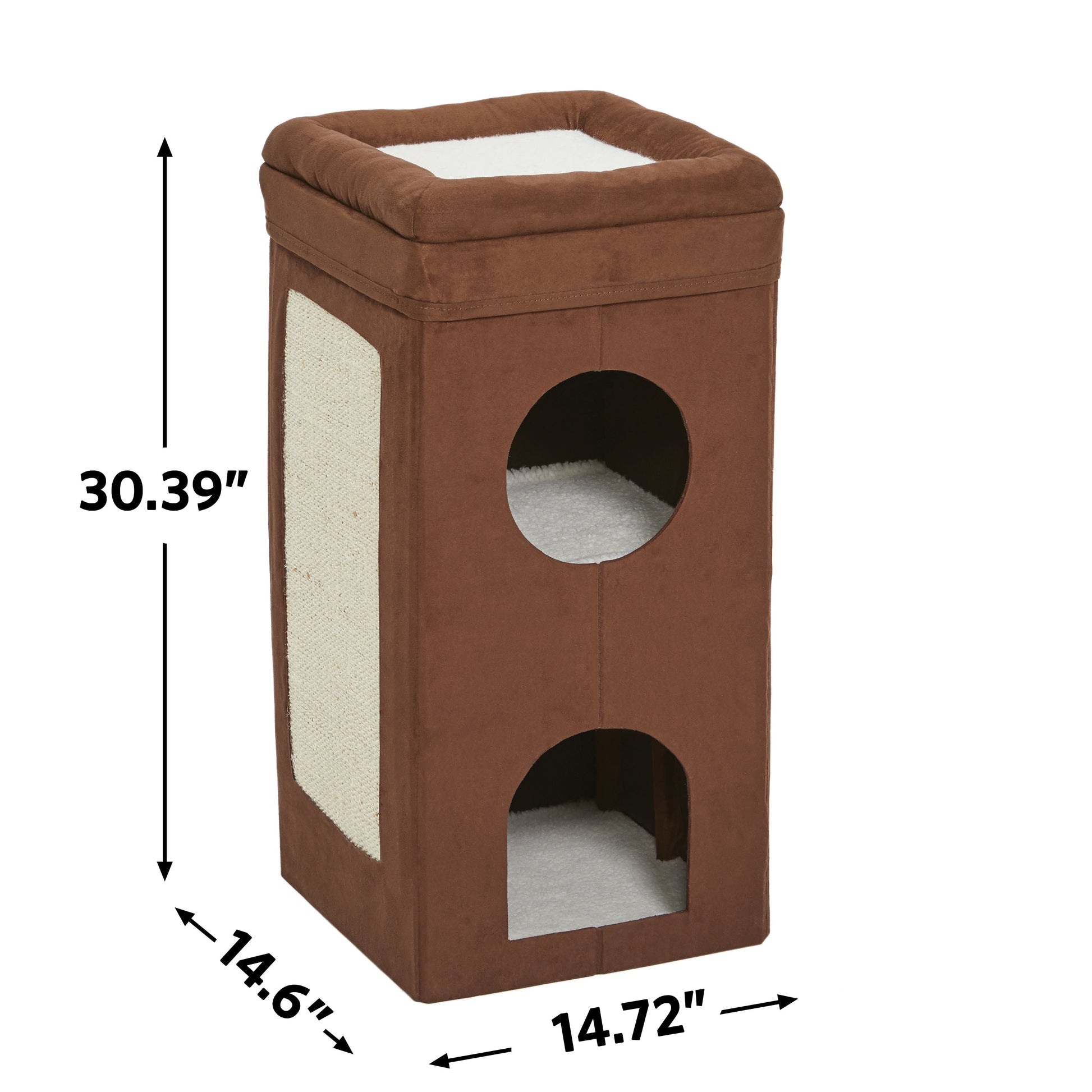 , Two Story Curious Cat Condo with Scratching Panel and Two Hideaways, Brown