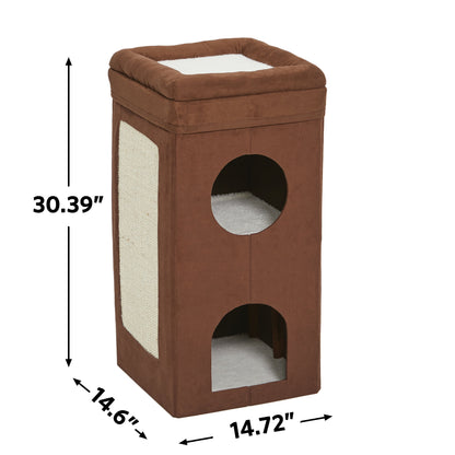 , Two Story Curious Cat Condo with Scratching Panel and Two Hideaways, Brown