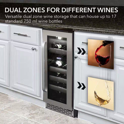 12 In. Dual-Zone 17-Bottle Wine Cooler Fridge Built-In with Seamless Stainless Steel UV Protection Glass Door