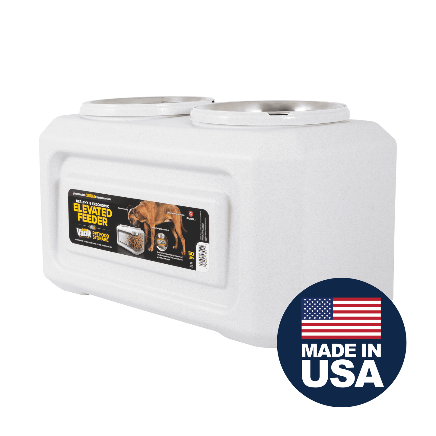 Vittles Vault 2-In-1 Elevated Stainless Steel Dog Bowls with 50 Lb Dry Food Storage, White