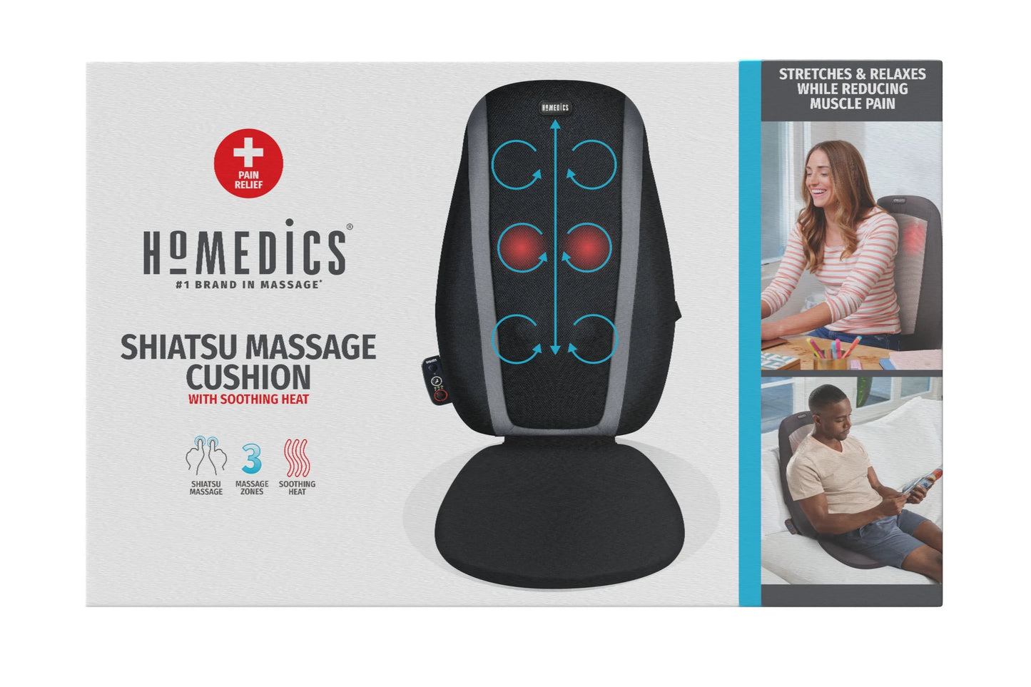 Shiatsu Massage Cushion with Soothing Heat, Deep-Kneading Massage, 3 Massage Zones, Soothing Heat, Relax Overworked Muscles, Release Tension, Reduce Back Pain