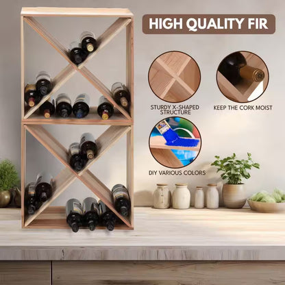 24-Bottle Burlywood Modular Wine Rack, Stackable Wine Storage Cube for Bar Cellar Kitchen Dining Room