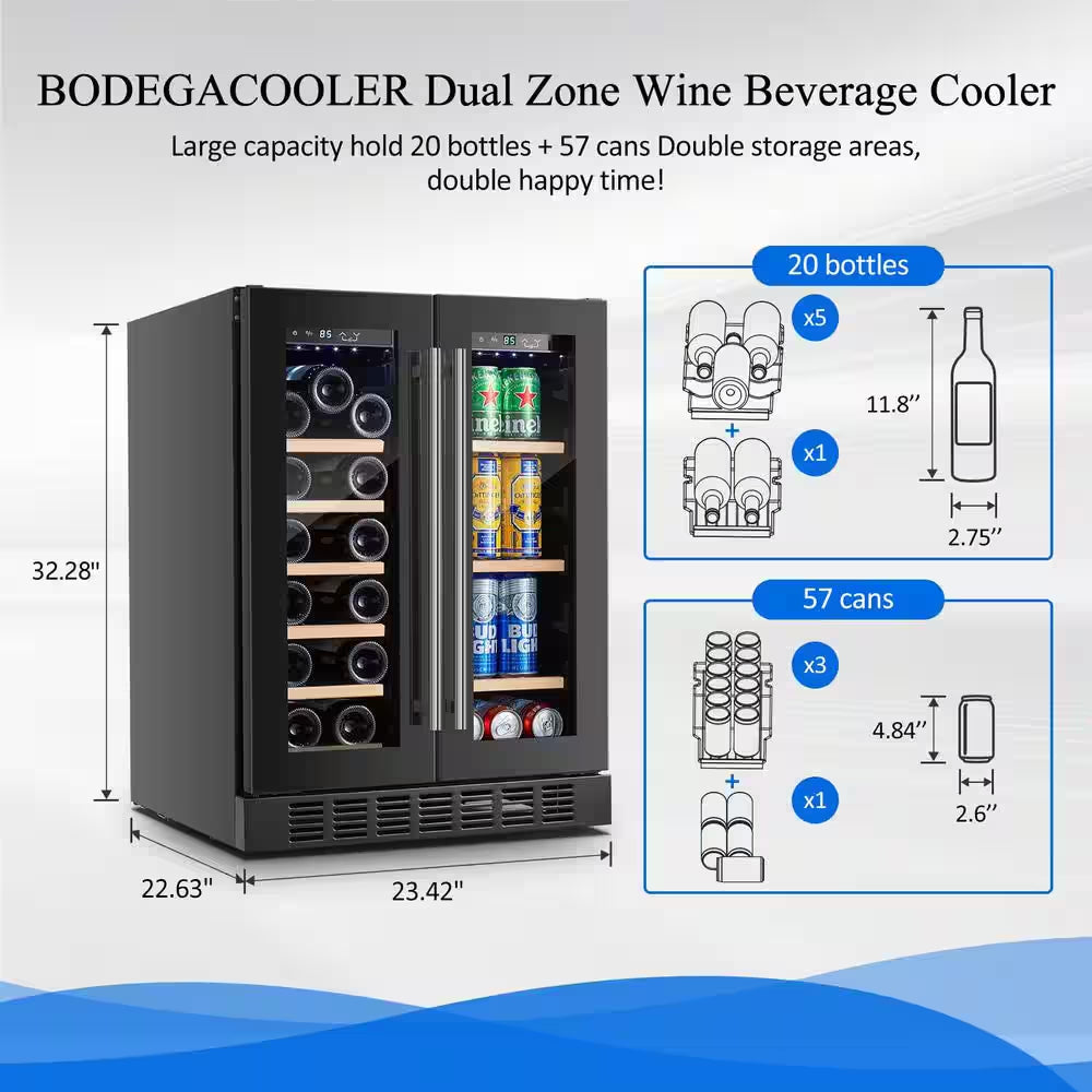 24 In. Dual Zone 19-Wine Bottles and 57-Cans Beverage and Wine Cooler in Stainless Steel with Safety Locks