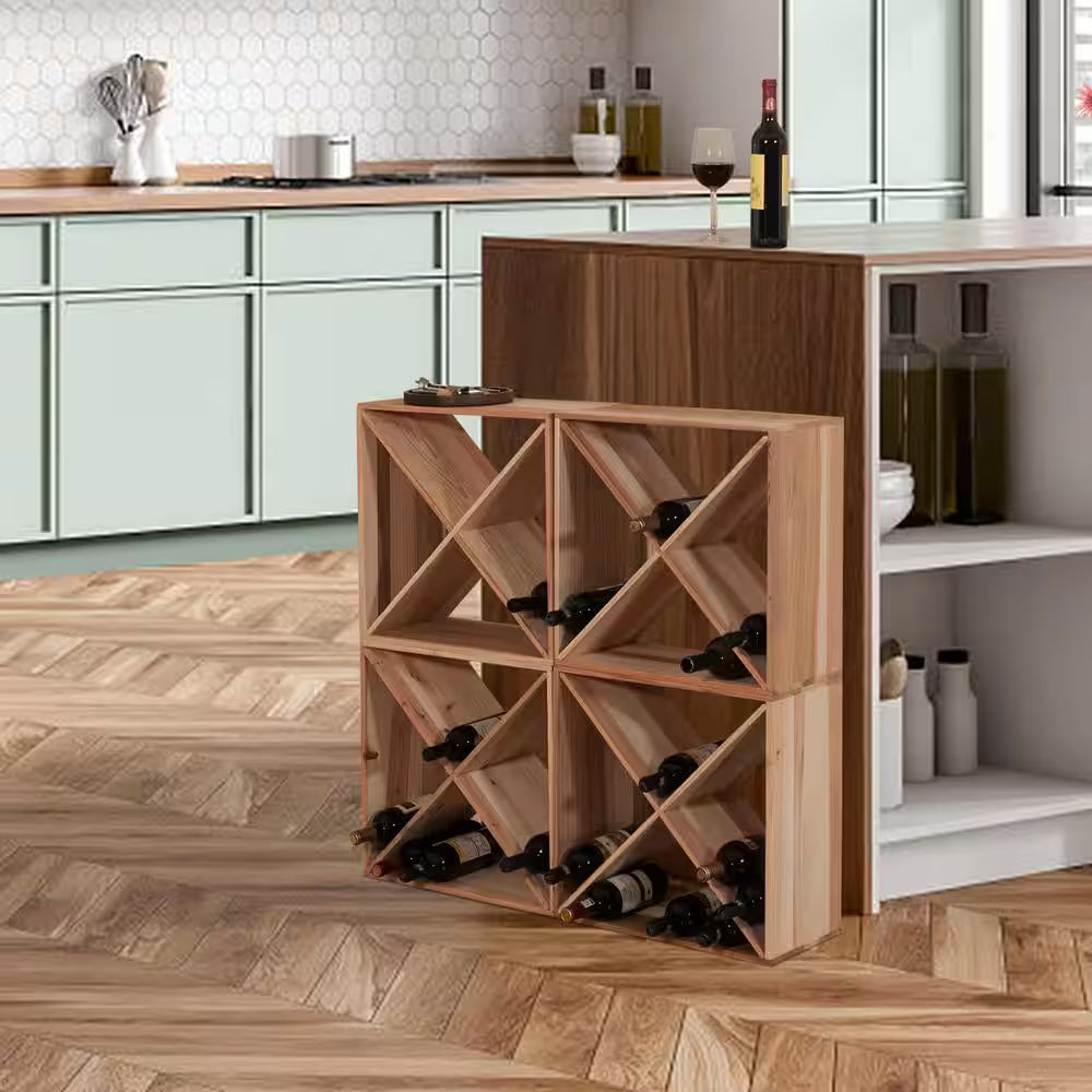 24-Bottle Burlywood Modular Wine Rack, Stackable Wine Storage Cube for Bar Cellar Kitchen Dining Room
