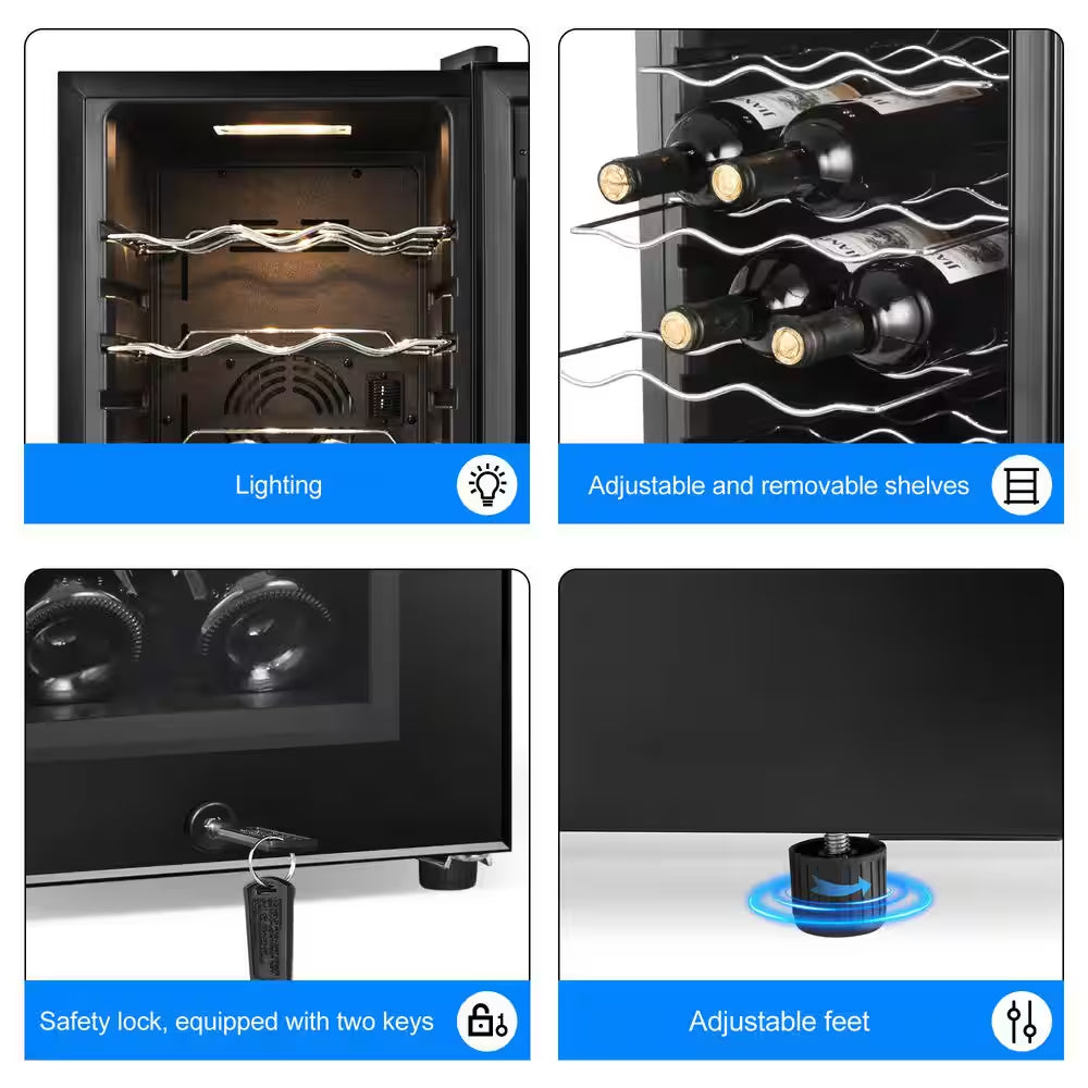 13.6 In. Black Freestanding Beverage Center 18-Bottle Wine Cooler with Adjustable Stainless Steel Wire Shelves