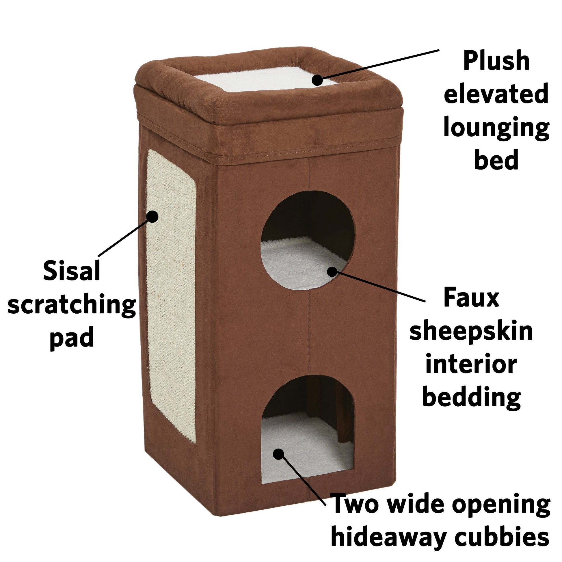 , Two Story Curious Cat Condo with Scratching Panel and Two Hideaways, Brown