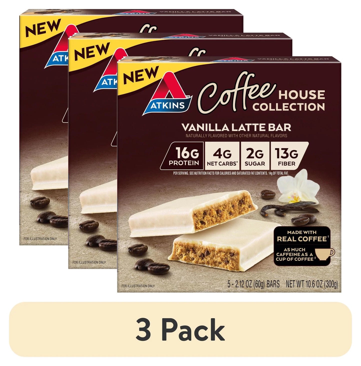 (3 Pack)  Coffee House Collection Protein Bar, Mocha Latte, High Protein, High Fiber, 5 Count