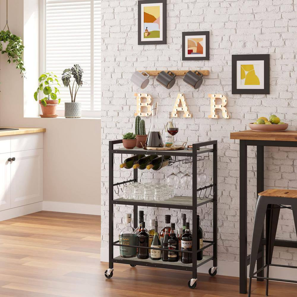 3-Tier Greige Metal Serving Cart with Wood Shelf, Hooks, Wine Rack and Glass Holder