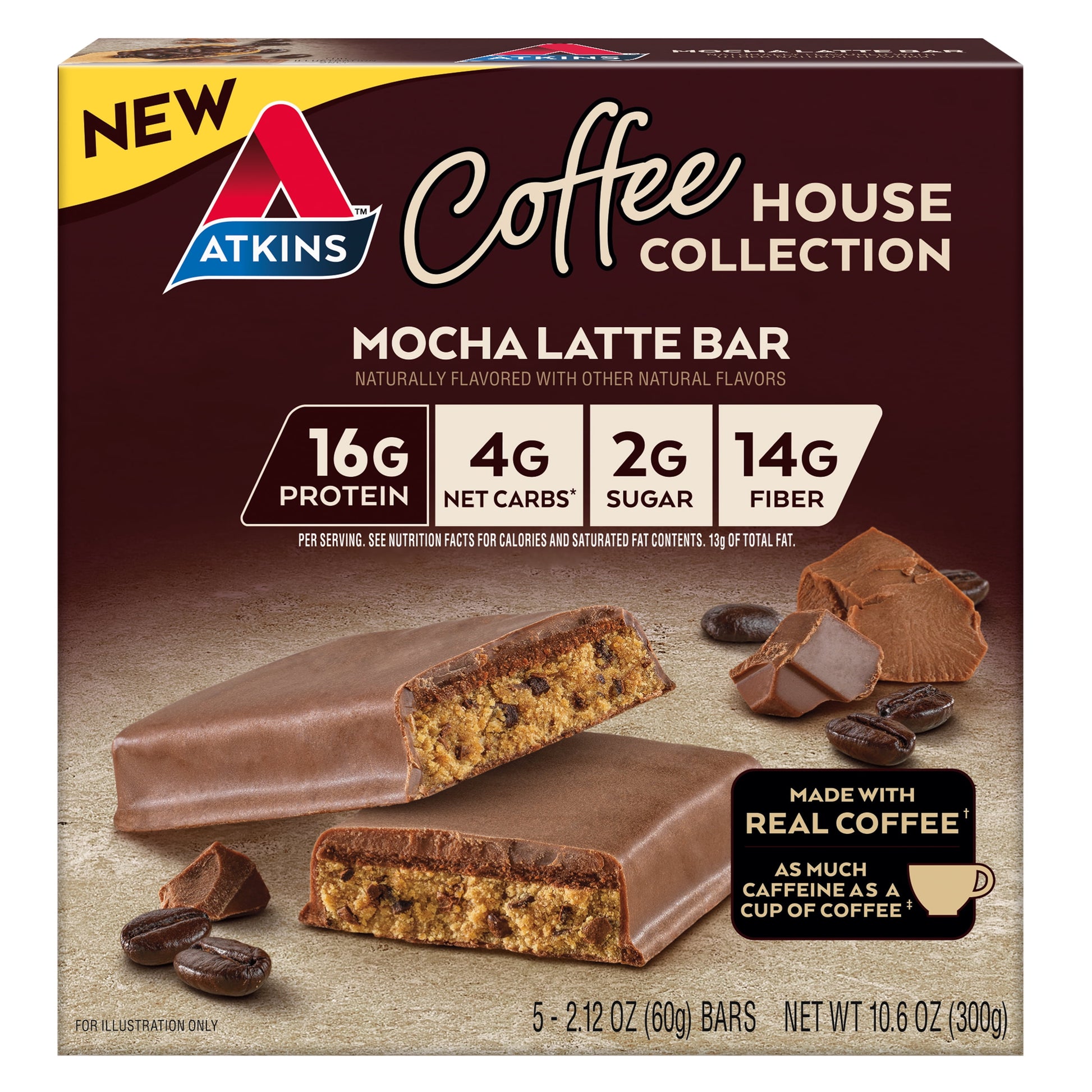 (3 Pack)  Coffee House Collection Protein Bar, Mocha Latte, High Protein, High Fiber, 5 Count