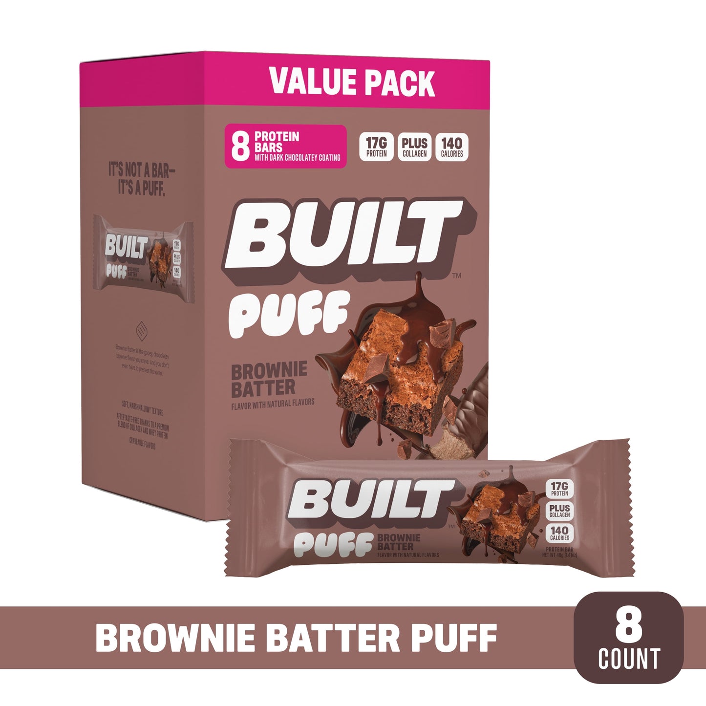 Puff Snack Bar, Coconut, 17G Protein, Collagen, 140 Calories, 8 Count Box, 1.41 Oz Bars