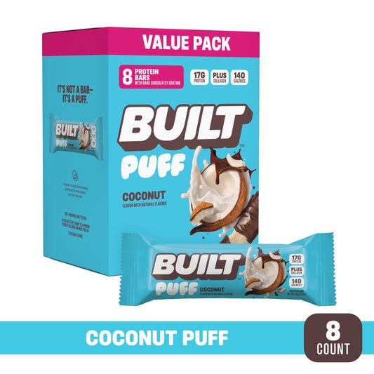 Puff Snack Bar, Coconut, 17G Protein, Collagen, 140 Calories, 8 Count Box, 1.41 Oz Bars