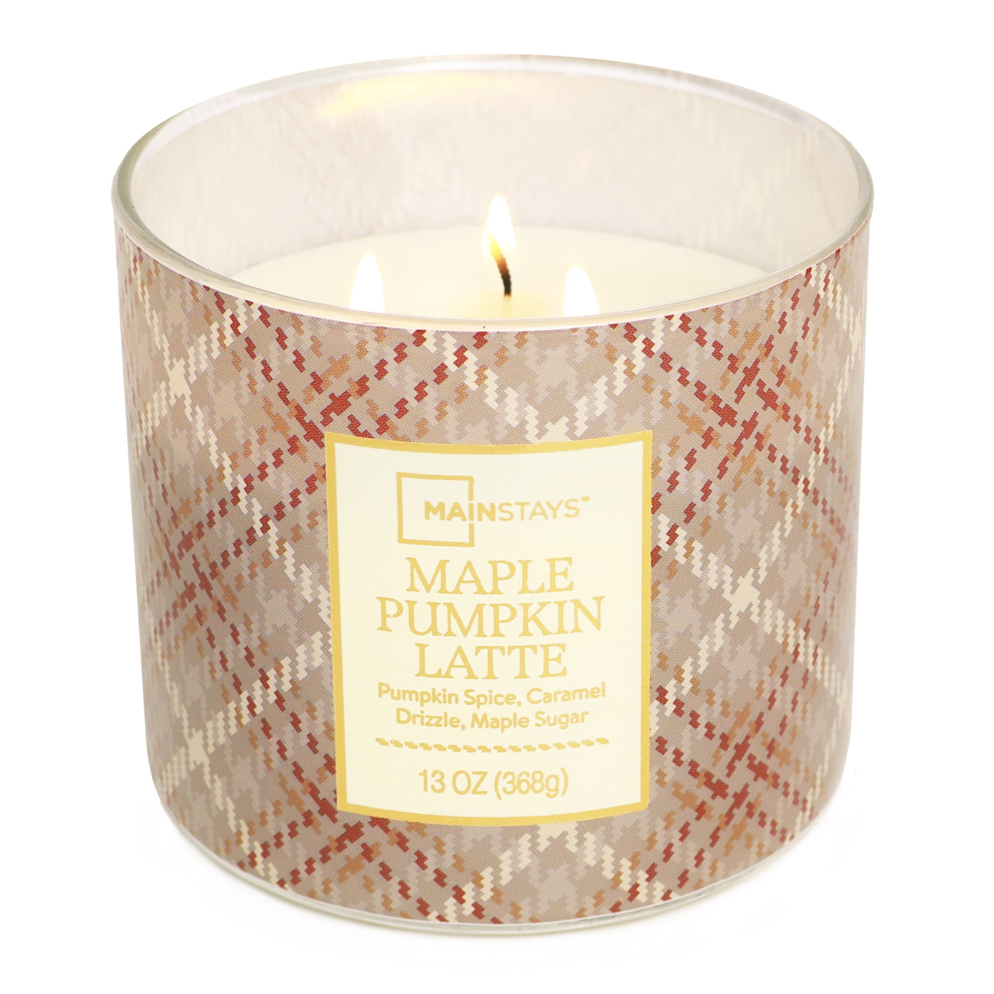 3-Wick Maple Pumpkin Latte Orange Plaid Design, 13-Ounce