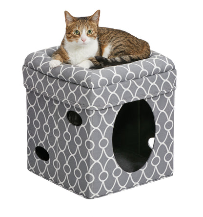 , Two Story Curious Cat Condo with Scratching Panel and Two Hideaways, Brown