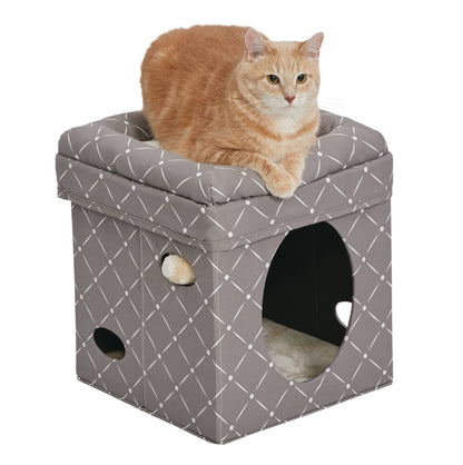 , Two Story Curious Cat Condo with Scratching Panel and Two Hideaways, Brown