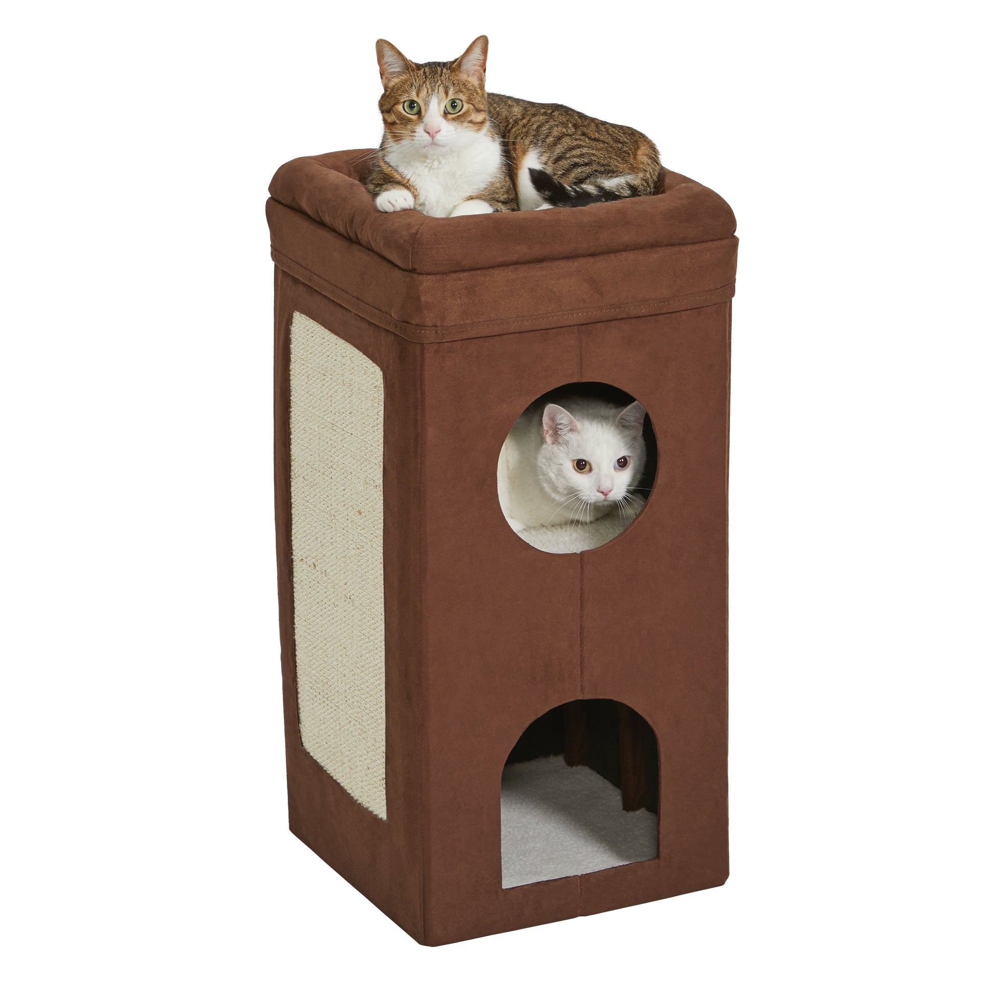 , Two Story Curious Cat Condo with Scratching Panel and Two Hideaways, Brown