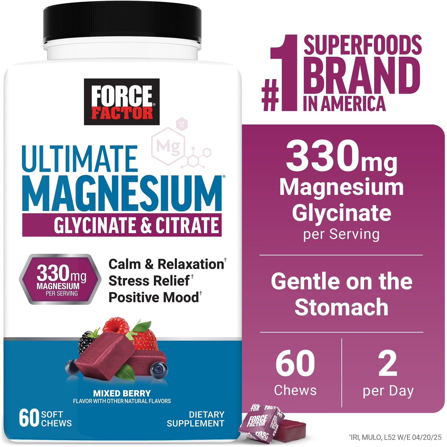 Ultimate Magnesium, 330Mg Magnesium Glycinate & Citrate to Promote Calm & Relaxation, Vegan & Gluten Free, Mixed Berry, 60 Soft Chews