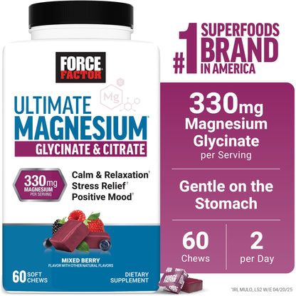 Ultimate Magnesium, 330Mg Magnesium Glycinate & Citrate to Promote Calm & Relaxation, Vegan & Gluten Free, Mixed Berry, 60 Soft Chews