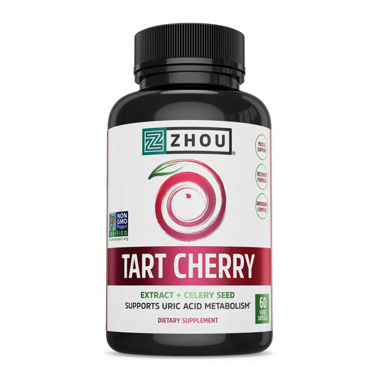 Zhou Tart Cherry Extract with Celery Seed | Advanced Uric Acid Cleanse for Joint Comfort, Healthy Sleep Cycles & Muscle Recovery | 30 Servings, 60 Veggie Caps