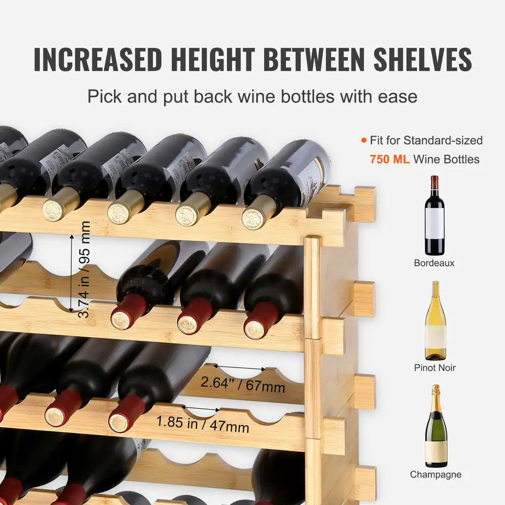 48-Bottle Stackable Modular Wine Rack, 6-Tier Solid Bamboo Wood Storage Racks, Freestanding Wines Holder Display Shelf