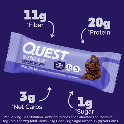 Quest Overload 20G Protein Bar, Chocolate Explosion Flavor, High Protein, Low Sugar, 4 Count