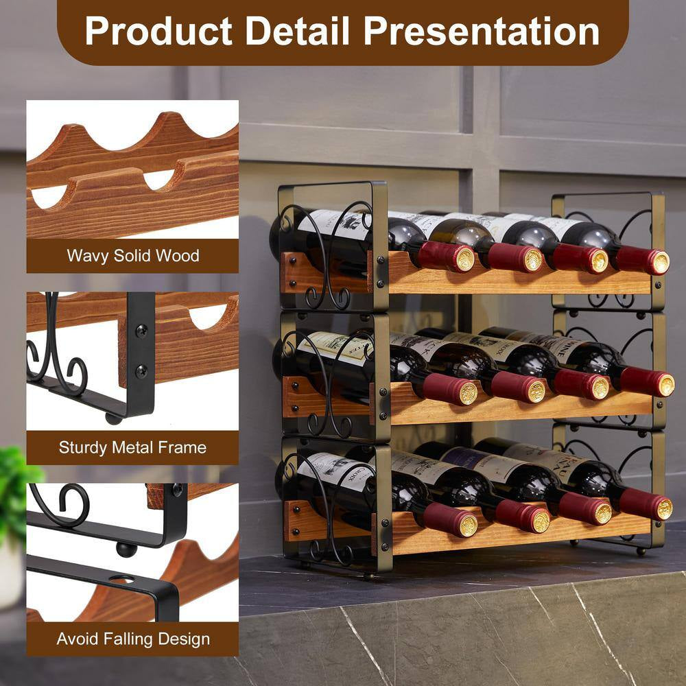 12-Bottle Black and Brown Countertop Wine Rack, Stackable Wine Organizer, 3-Tier Freestanding Wine Bottle Holder