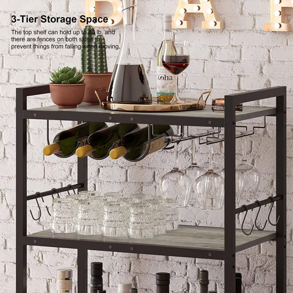 3-Tier Greige Metal Serving Cart with Wood Shelf, Hooks, Wine Rack and Glass Holder