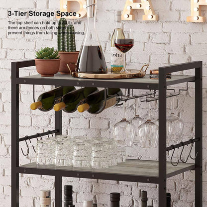 3-Tier Greige Metal Serving Cart with Wood Shelf, Hooks, Wine Rack and Glass Holder