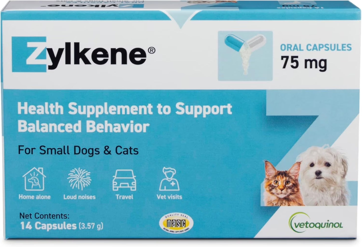 Zylkene Calming Behavior Support Supplement, Helps Promote Relaxation and Reduce External Stress Factors, Daily Behavioral Support and Anxiety Relief, Dog or Cat, 65Lbs+, 450Mg, 30Ct