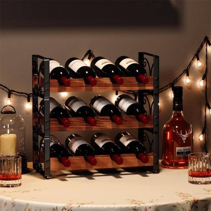 12-Bottle Black and Brown Countertop Wine Rack, Stackable Wine Organizer, 3-Tier Freestanding Wine Bottle Holder