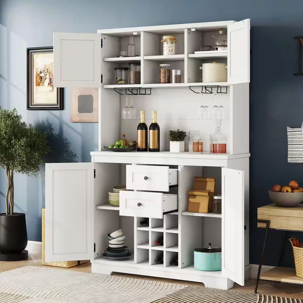 47 In. W X 16 In. D X 74 In. H White Linen Cabinet, Coffee Bar Cabinet Kitchen Cabinet with Storage, Wine Cabinet