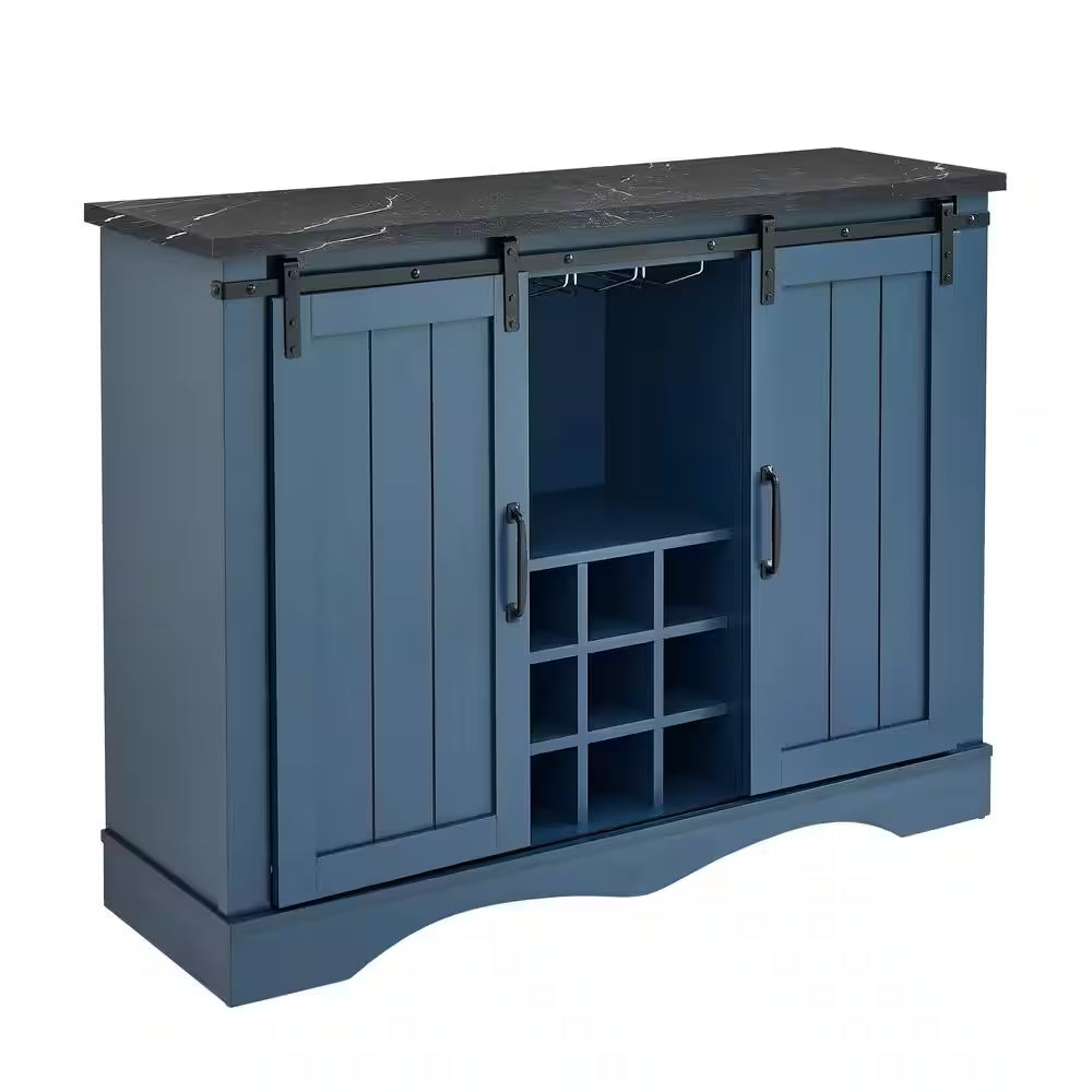 47 In. Navy Blue Wood Buffet Bar Cabinet with Barn Door with Marbling Pattern Countertop