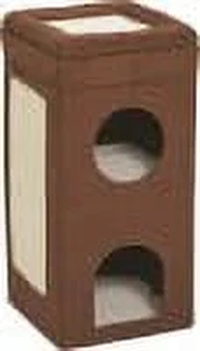, Two Story Curious Cat Condo with Scratching Panel and Two Hideaways, Brown