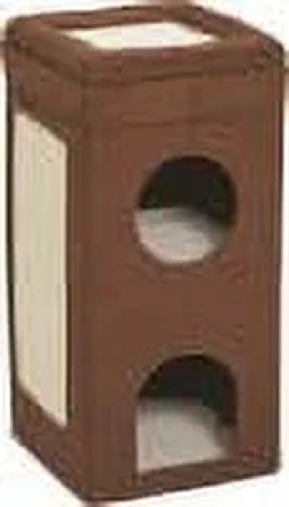 , Two Story Curious Cat Condo with Scratching Panel and Two Hideaways, Brown