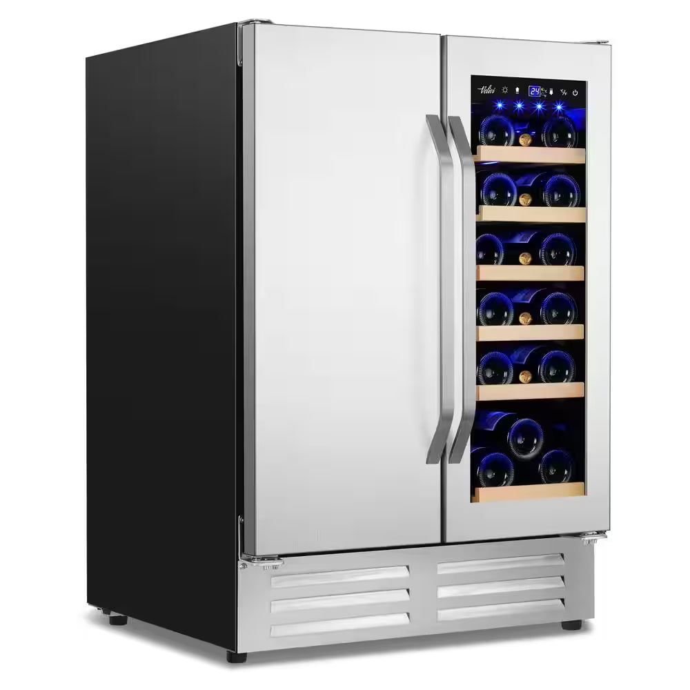 24 In.Dual Zone 20-Wine Bottles and 88-Can Built-In and Freestanding with French Door Beverage Cooler in Stainless Steel