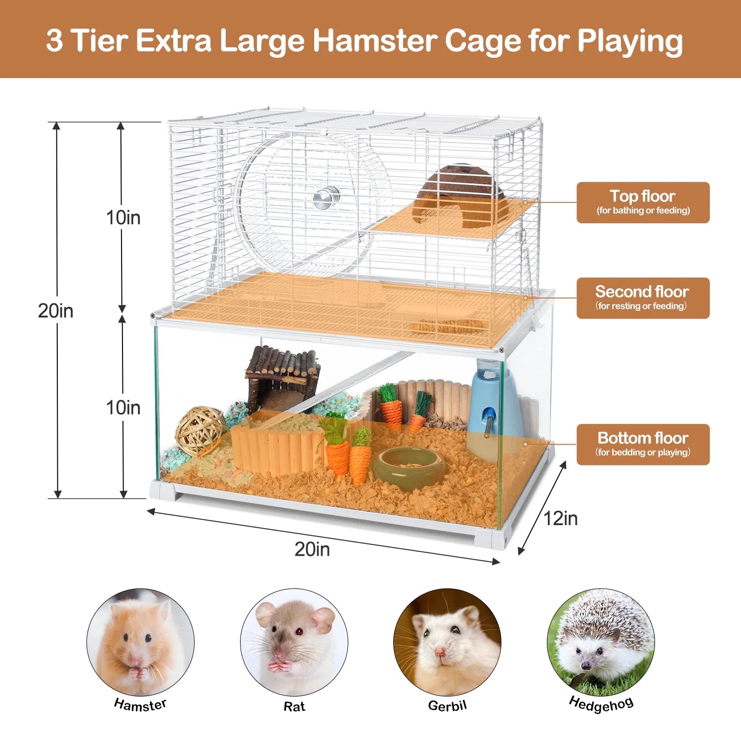 3 Tiers Large Hamster Cages with Removeable Waterproof PVC Tray